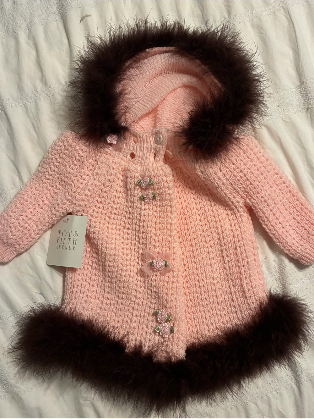 Pink Knit Hooded Coat with Fur Trim